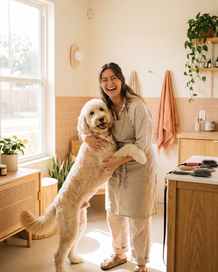 A smiling pet groomer with a freshly-groomed goldendoodle in a bright studio