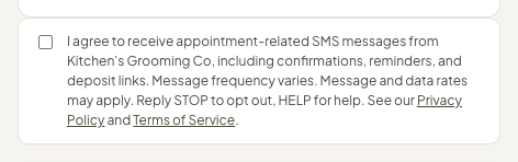 Live Coop booking page for Kitchen's Grooming Co: the SMS consent checkbox, unchecked by default, beside its full consent language.