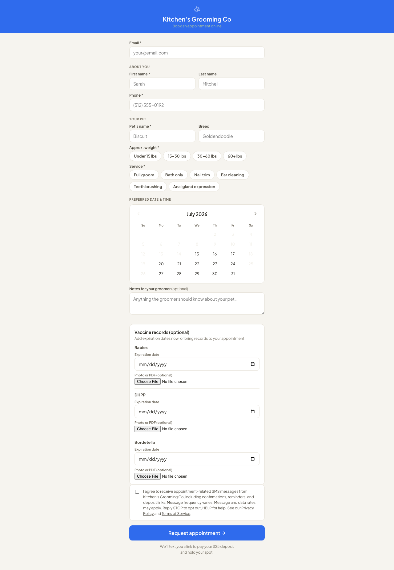 Full Coop booking page for Kitchen's Grooming Co showing the appointment form with the SMS consent checkbox in context.